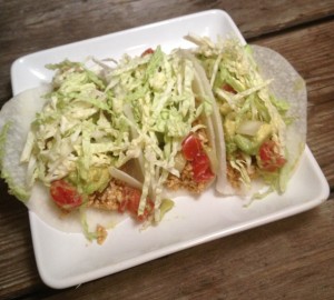 Sunny Tacos made with sunflower seed filling and jicama taco shells