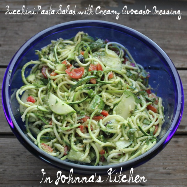 zucchini pasta salad with avocado dressing