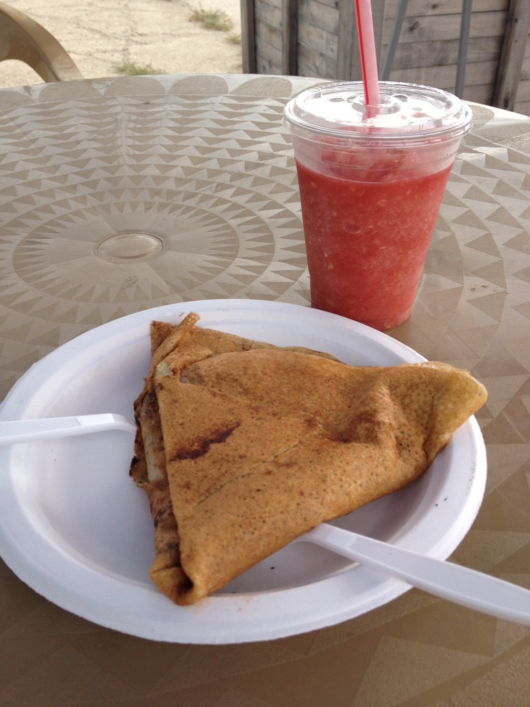 nutella and banana crepe with watermelon cucumber smoothie