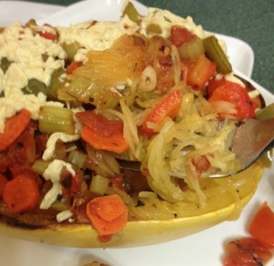 A Forkful of Chunky Veggie Stuffed Spaghetti Squash In Johnna's Kitchen