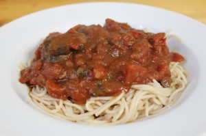 ALDI brown rice pasta with chunky tomato basil sauce 