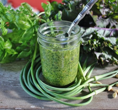 Garlic Scape Pesto with Kale and Basil