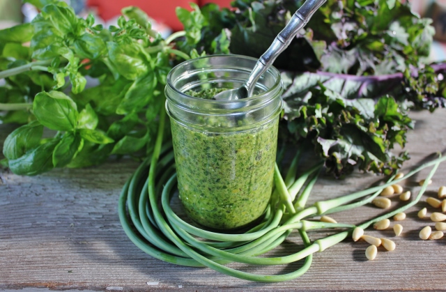 Garlic Scape Pesto with Kale and Basil
