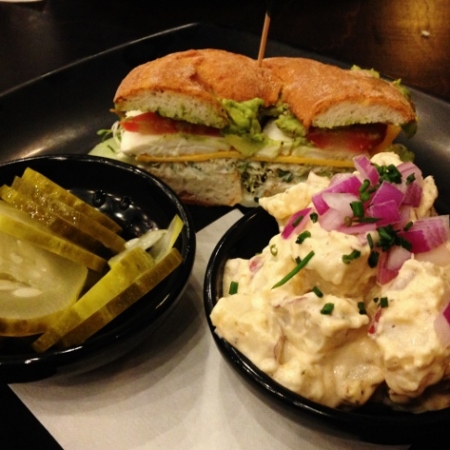 Gluten-free sandwich with potato salad at Cosmo Cafe