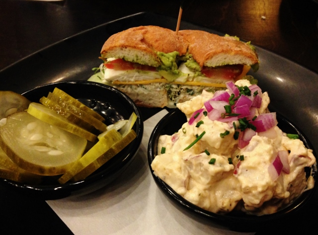 Gluten-free sandwich with potato salad at Cosmo Cafe