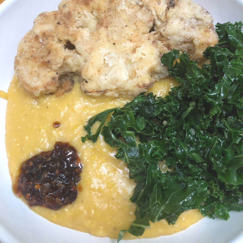 Cheese Grits with chicken fried cauliflower and kale | In Johnna's Kitchen